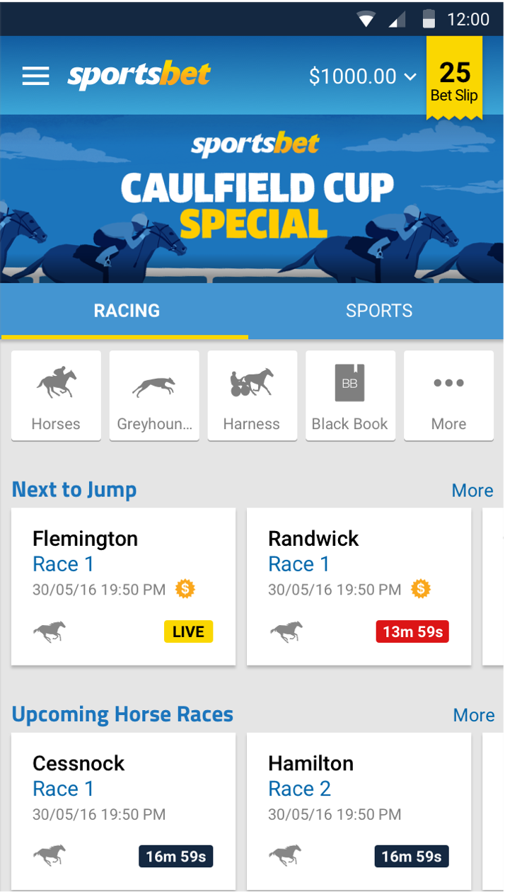 Sportsbet Android Application - Racing Homepage